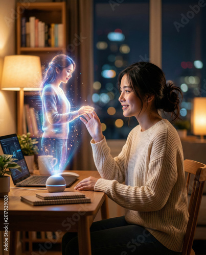 Hologram virtual assistant woman asian technology laptop night city home digital futuristic light glow reflection window apartment indoors device artificial intelligence screen modern innovation