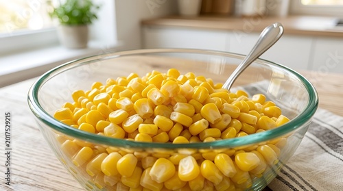 Glass bowl filled with cooked yellow sweet corn kernels on a kitchen table.