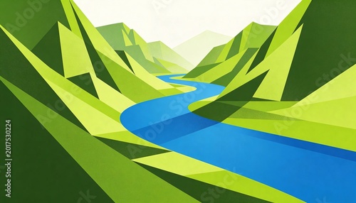 Flowing winding blue river cutting through graphic mountain valley, with angular slopes and shadows