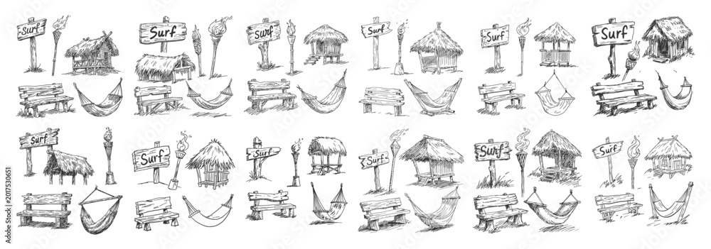 Obraz premium Tropical resort landscape icons featuring beach huts hammocks wooden surf signs and tiki torches collection
