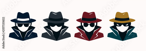 Schilderij op canvas Set of Four Mysterious Spy Detective Icons in Fedora Hats and Trench Coats, Mini