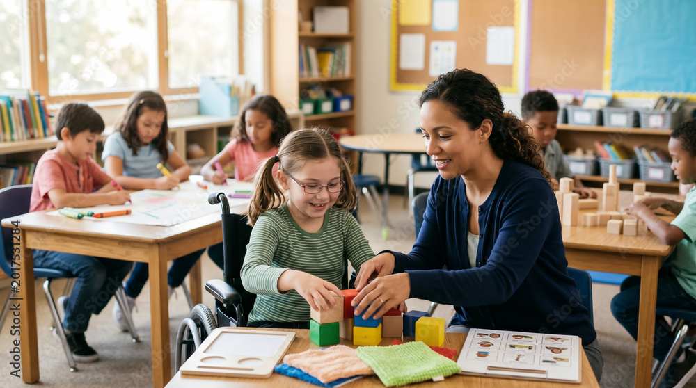 Obraz premium Female teacher helping child in wheelchair build blocks in inclusive elementary classroom