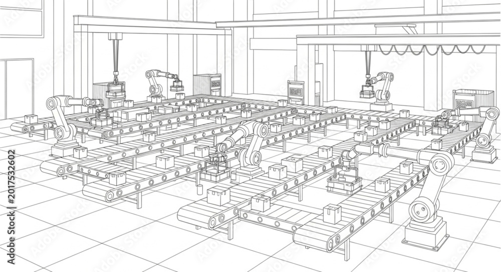 Fototapeta premium Warehouse interior with many shelves and boxes sketch.