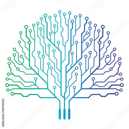 Circuit board tree illustration blue and green gradient