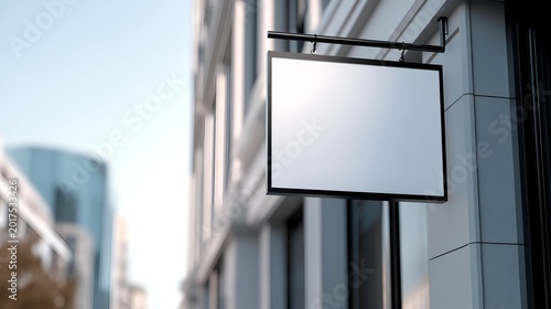 A close-up of a blank outdoor signboard attached to a modern building. The sign is versatile for various business listings or advertising needs.