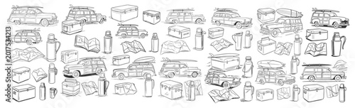Vintage Surf Trip Travel Icons Set Featuring Woody Wagons Coolers Thermos And Road Maps Sketch