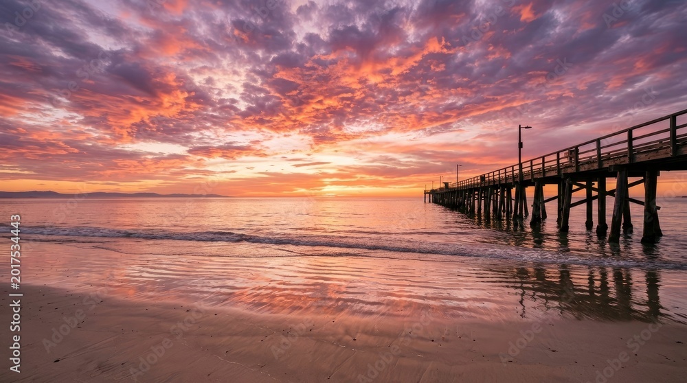 Fototapeta premium Serene Sunset Over Beach with Pier and Reflective Water