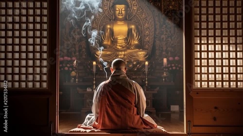 Religion - Asian Buddhist Monk Meditating and Praying Before Golden Buddha Statue in Traditional Korean Temple with Incense Smoke