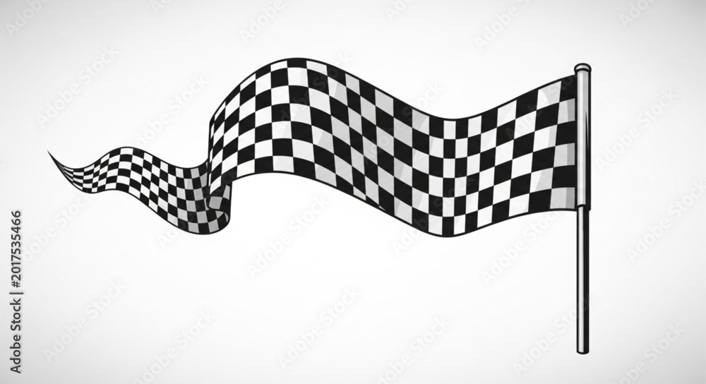 Fototapeta premium Waving checkered flag on pole black and white sketch.