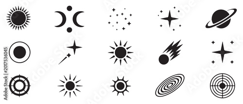 Slika na platnu Cosmic and astronomical icons sun moon phases stars planet and nebula for science and space themed designs
