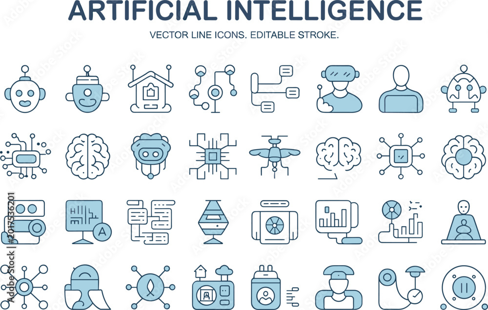 Naklejka premium Artificial Intelligence Vector Line Icons Set with Robotics Virtual Reality and Smart Technology Concepts