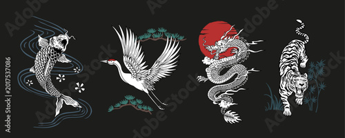 Принти на полотні Japanese-inspired mythical creature vector set with dragon, tiger, and crane illustrations