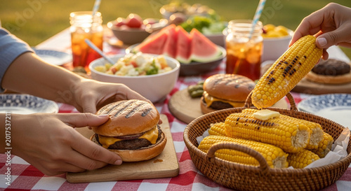 Memorial Day BBQ Spread with Burgers Corn and Festive Drinks
