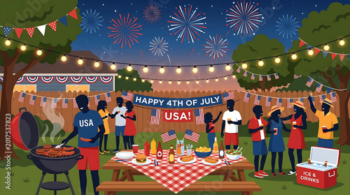 A joyous backyard celebration and festive gathering of friends and family enjoying a summer barbecue, delicious food, drinks, and a stunning fireworks show