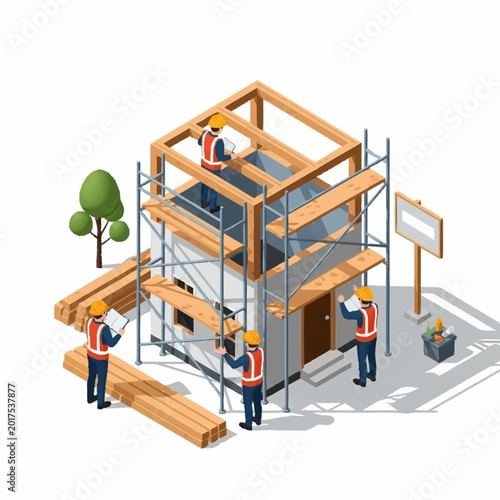 Construction workers building a house with scaffolding and materials.