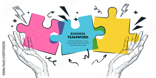 Vector sketch collage. Hands holding colorful puzzle pieces. Concept of business teamwork, cooperation, partnership