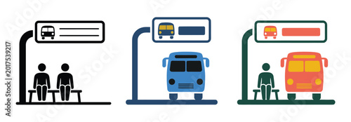 Bus stop with waiting passenger and bus public transit travel concept vector illustration design.