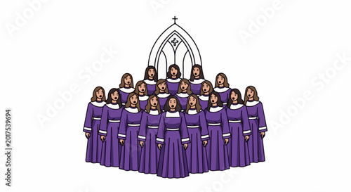 Group of singers in purple robes standing before a church window