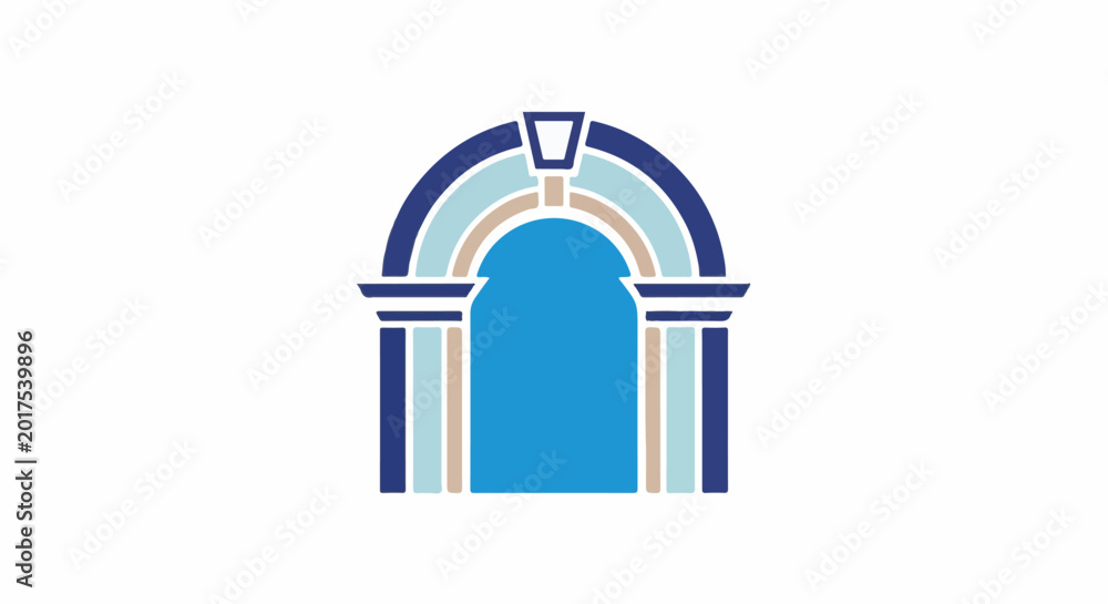 Fototapeta premium Stylized architectural archway with layered curves and columns in blue and tan