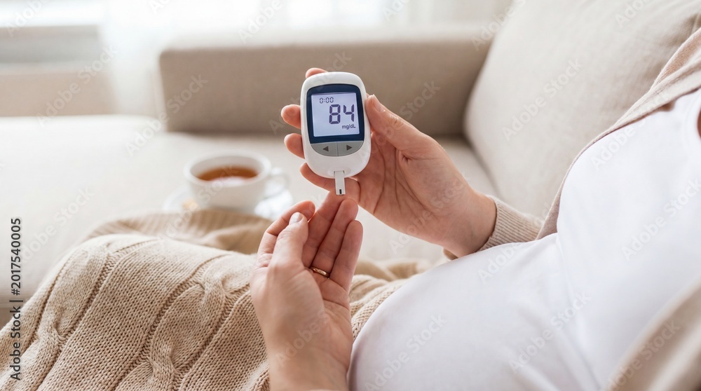 Fototapeta premium Pregnant woman checking blood glucose level with a glucometer at home