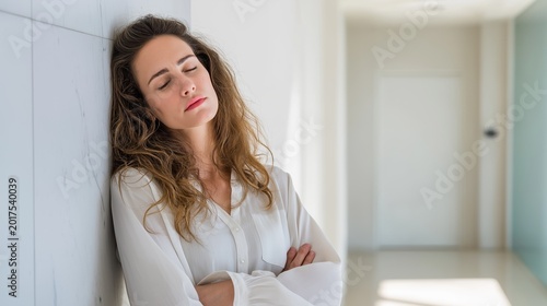 Free Download High fatigued woman with long hair leans against a wall in a minimal modern hallway, eyes closed, conveying a sense of quiet exhaustion in a professional setting - GFXLoad