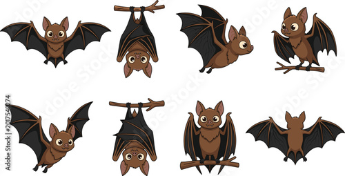 Cute bat cartoon character collection with flying hanging and sitting poses vector illustration isolated on white background