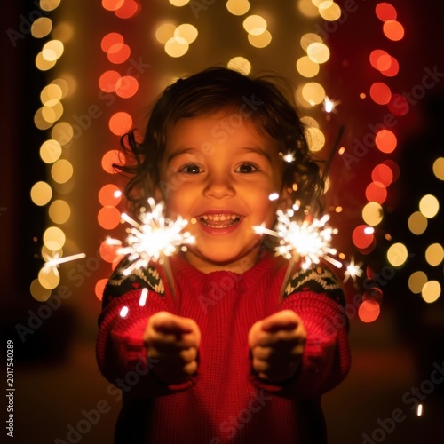 Happy toddler girl smiling while holding bright glowing sparklers with bokeh festive golden lights in background at night.