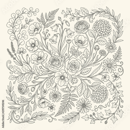 Foto Intricate floral design with various flowers.