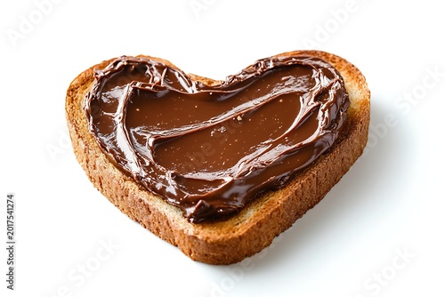 Heart shaped toast with chocolate spread on white background