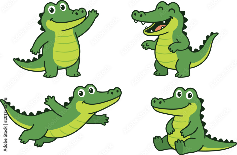 Obraz premium Cute crocodile cartoon character collection with funny poses and happy expressions vector illustration isolated on white background