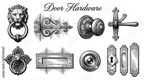 Vintage Door Hardware Vector Set with Antique Knocker Hinge and Decorative Knobs