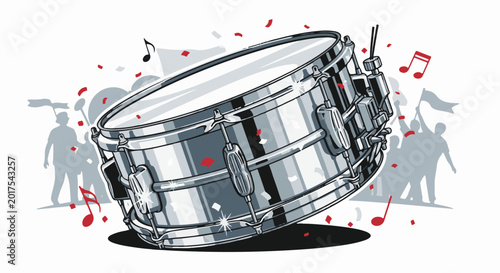 A striking snare drum takes center stage, amid confetti and cheering silhouettes