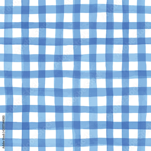 Seamless hand painted blue gingham check pattern with soft watercolor texture. Cute rustic plaid background perfect for fabric, wallpaper, packaging, stationery, kitchen and summer design