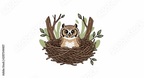 Cartoon owl perched in a twig nest surrounded by trees and leaves