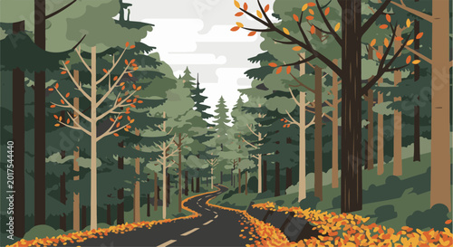 A winding road through a lush, autumn forest, with fallen leaves blanketing the ground