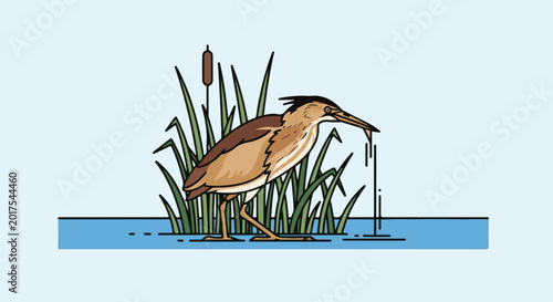 A brown bird with a long beak stands in reeds by blue water