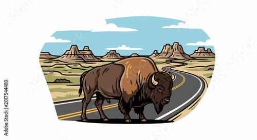 A majestic bison crosses a winding road in a rugged desert landscape under a sky with fluffy clouds