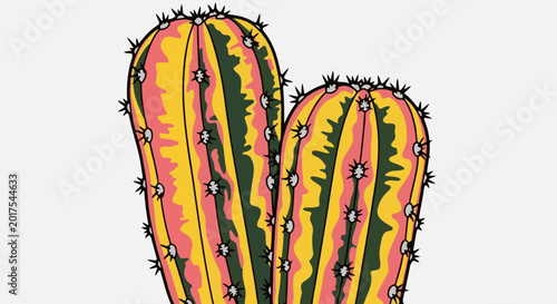 Two colorful saguaro cacti with sharp spines stand against a plain white background