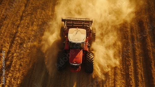Red tractor harvesting grain in a dusty field at sunset