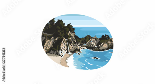 Pixelated depiction of a coastal cliff with a waterfall cascading onto a sandy beach and turquoise ocean