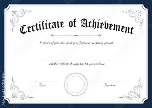 Elegant retro certificate of achievement template with decorative blue border and ornate flourishes