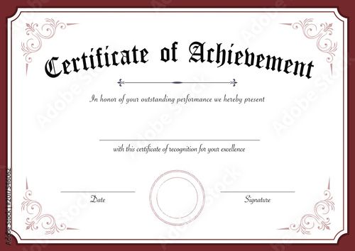 Elegant retro certificate of achievement template with decorative border and ornate flourishes