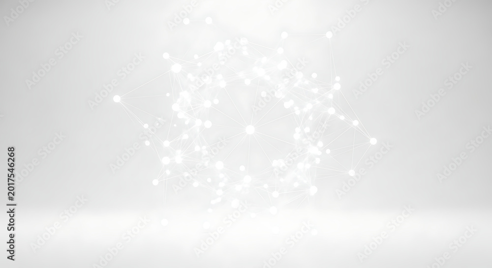 Fototapeta premium Abstract glowing network of interconnected white dots forming a dynamic sphere against a clean, bright background, symbolizing data, technology, and innovation.