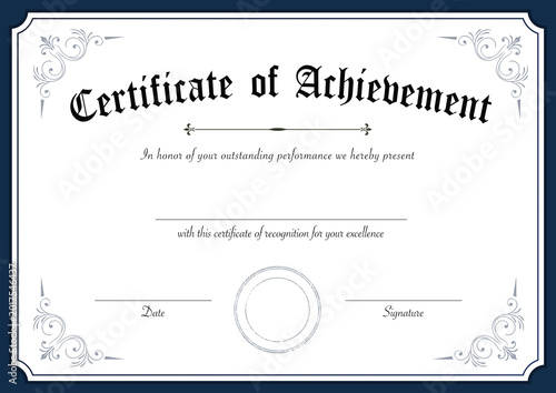 Fotografie Elegant retro certificate of achievement template with decorative blue border an