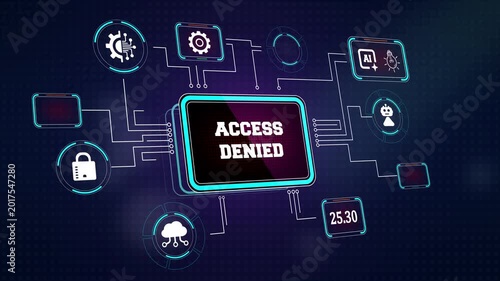 Modern access denied interface visualization with glowing circuit board elements and security warning symbols ideal for corporate safety videos and tech news reports