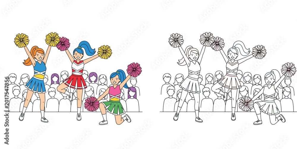 Fototapeta premium Cheerleaders performing with pom poms at sports event, colored vector illustration and black and white coloring book page line art