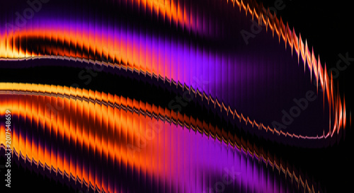 Photos Dynamic 3D liquid metal waves with neon orange and purple gradient, glossy ribbe
