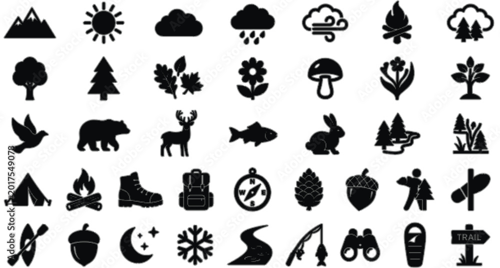 Obraz premium Outdoor Nature Icons Set with Animals Trees Mountains Weather Camping Hiking Equipment and Wildlife Elements for Adventure Travel Forest Exploration Design Collection