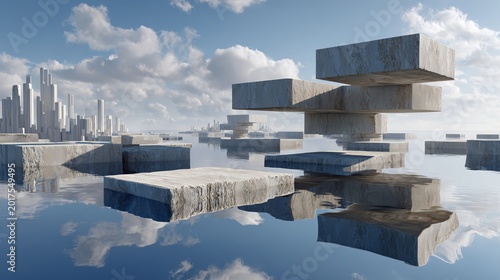 Futuristic floating concrete structures above a serene water landscape.