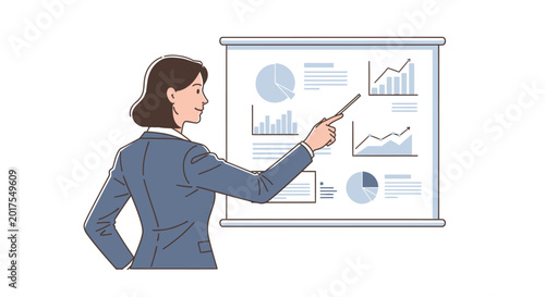 Tableau sur toile Businesswoman Presenting Charts Pointing at Data on Board.